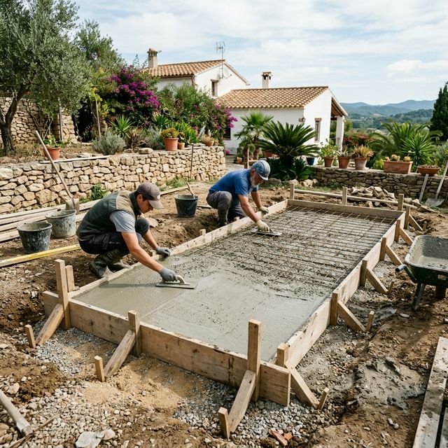 Cimentaci&oacute;n de losa de hormig&oacute;n para caseta de jard&iacute;n