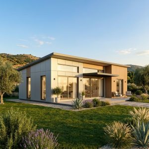 Casa modular de acero con fachada de paneles y madera, jardín mediterráneo