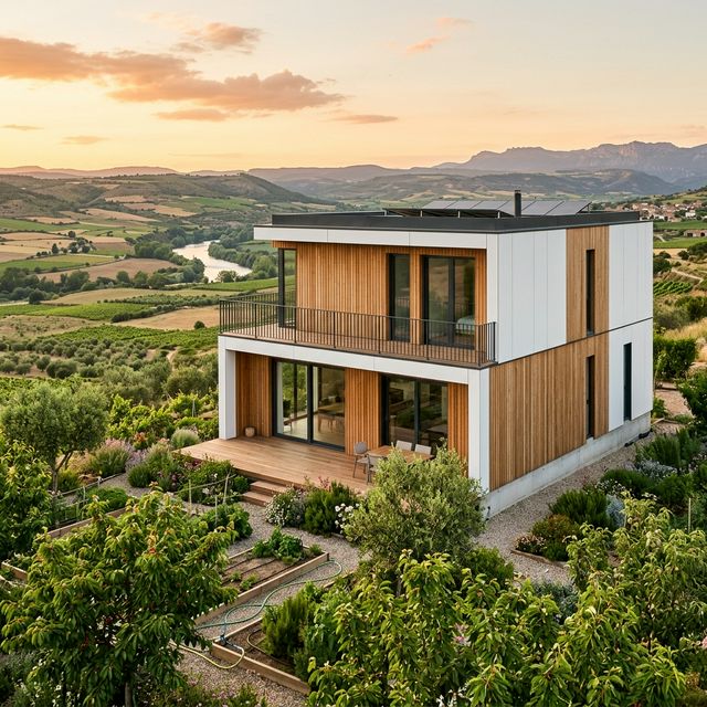 Casa modular prefabricada de dos plantas en la ribera del Ebro cerca de Zaragoza