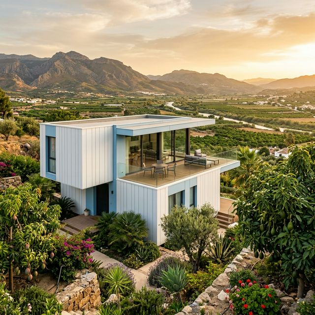 Casa modular prefabricada de dos plantas en el Valle del Guadalhorce con frutales subtropicales