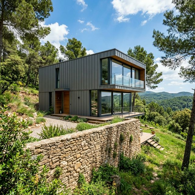 Casa modular prefabricada de dos plantas en parcela del Vallès con pinos y masía catalana