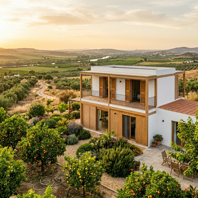 Casa modular prefabricada de dos plantas en la Vega del Guadalquivir cerca de Sevilla