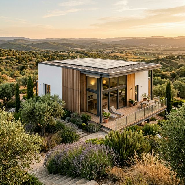 Casa prefabricada de acero con terraza mediterránea y vistas a las colinas catalanas