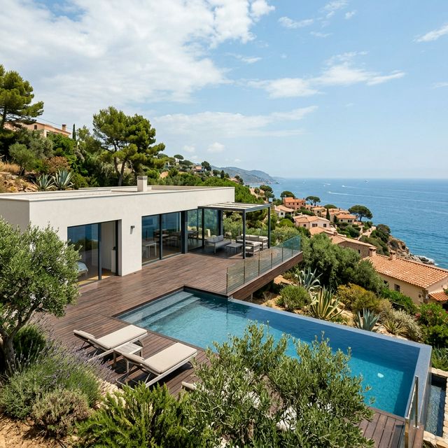 Casa prefabricada moderna con piscina y vistas al mar Mediterráneo en la costa de Barcelona