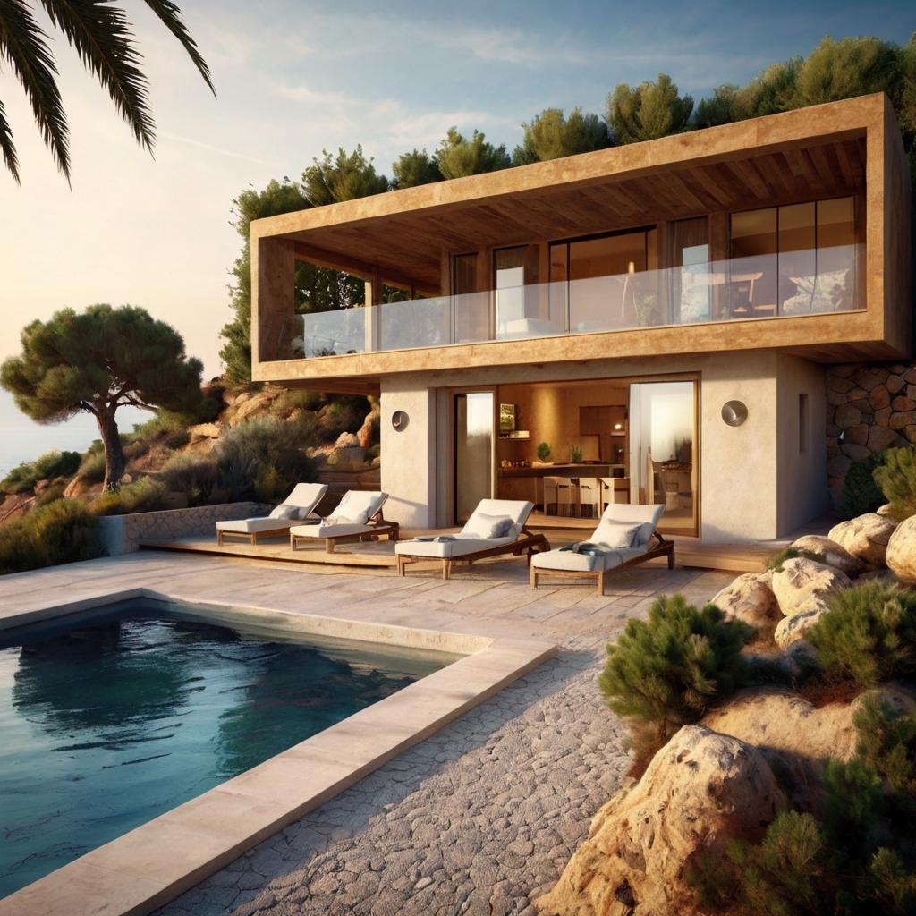 Casa prefabricada estilo mediterráneo con piscina y terraza