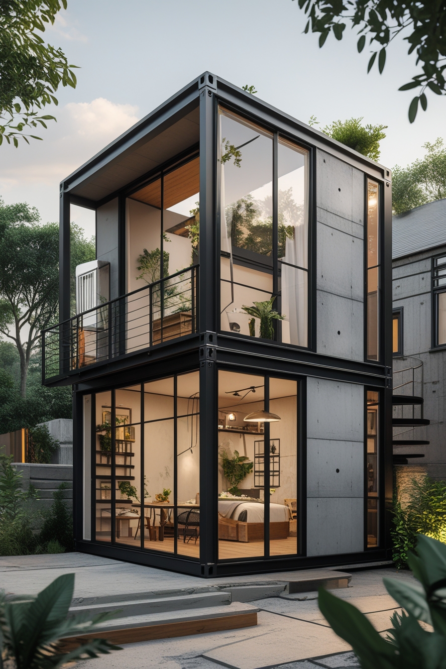 Casa prefabricada modular de dos plantas con estructura de acero y vidrio