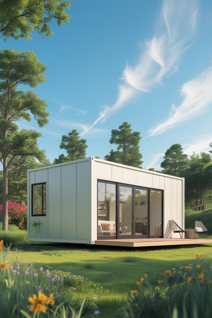 Casa prefabricada modular minimalista con terraza de madera