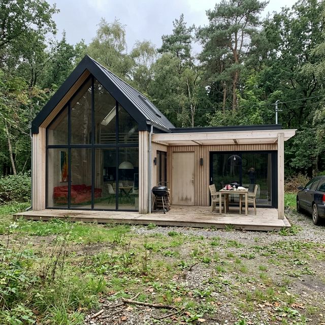 Casa prefabricada tipo A-frame en entorno de bosque