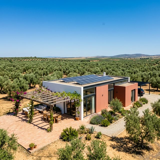 Casa prefabricada de acero con patio cer&aacute;mico en el Aljarafe sevillano rodeada de olivos