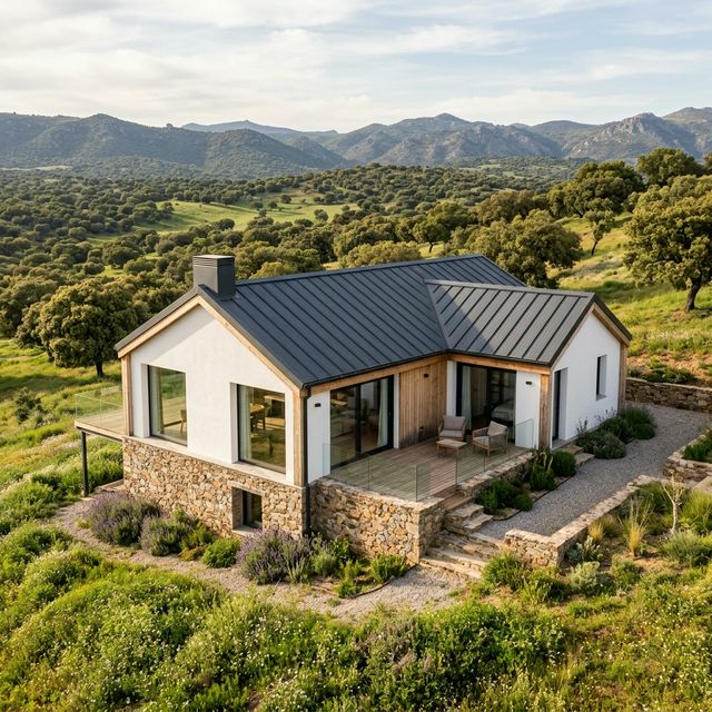 Casa prefabricada moderna en la Sierra Norte de Sevilla con vistas a la dehesa