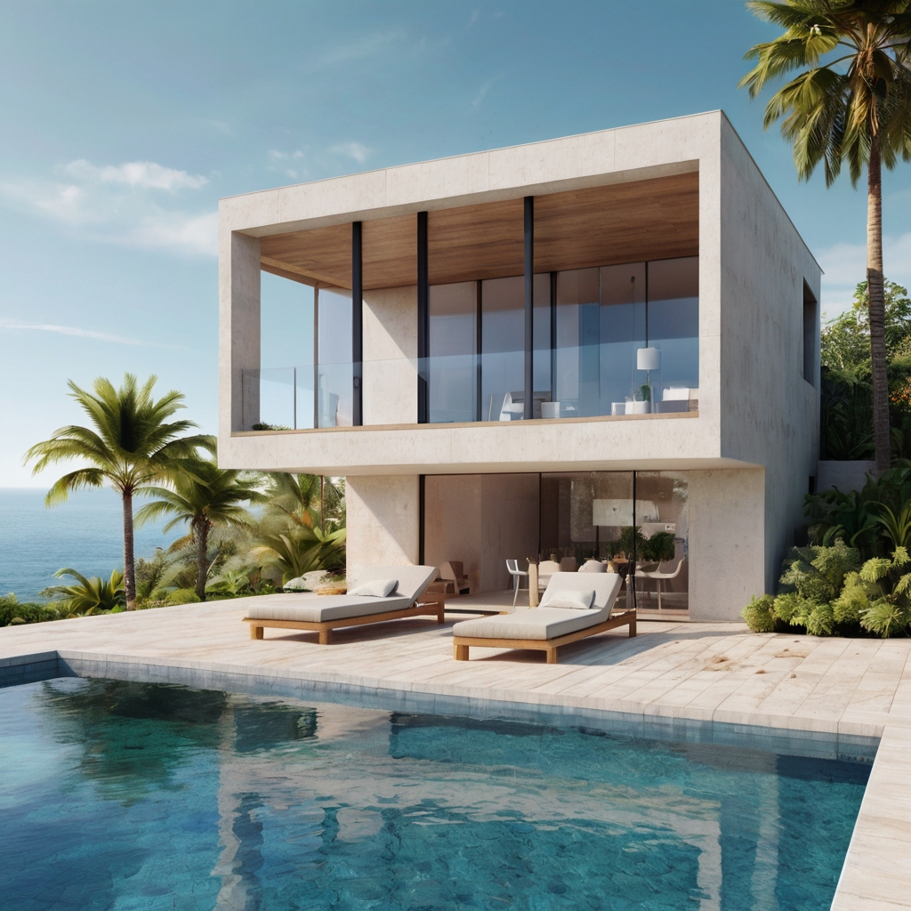 Casa prefabricada vacacional en la costa con piscina y vistas al mar