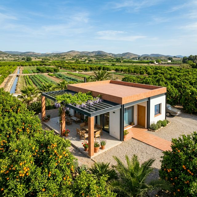 Casa prefabricada de acero en la huerta valenciana rodeada de naranjos
