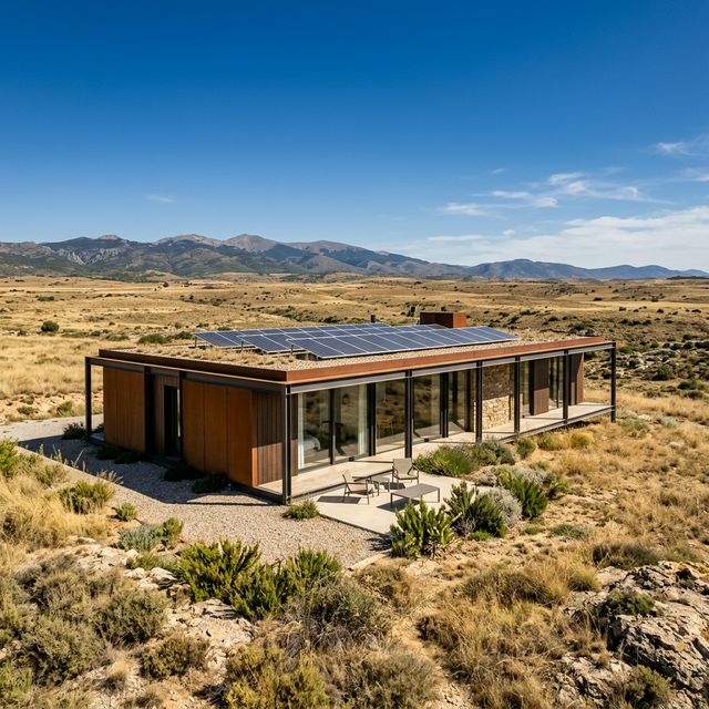 Casa prefabricada de acero en la estepa aragonesa con vistas a las montañas