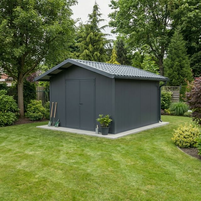 Caseta de jardín metálica con cubierta a dos aguas en color grafito