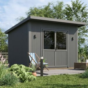 Caseta de jardín CSJ-002 con cubierta a un agua, acabado grafito y puertas con cristalera