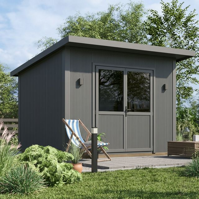 Caseta de jardín metálica con cristalera y cubierta a un agua