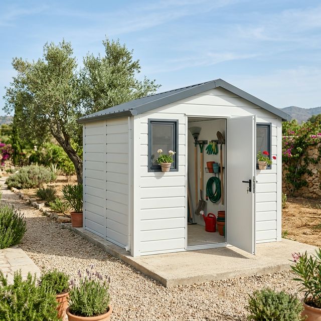 Caseta de jard&iacute;n met&aacute;lica instalada en parcela