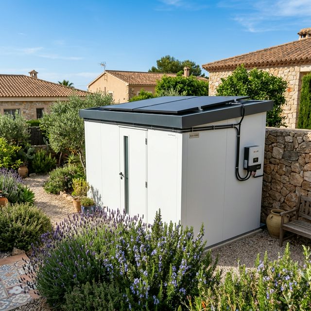 Caseta de jard&iacute;n con paneles solares en cubierta
