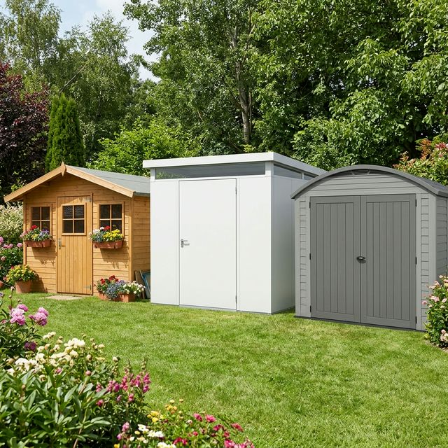 Comparativa visual de casetas de jardin: madera, metal galvanizado y resina