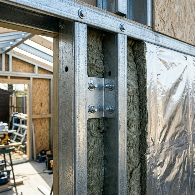 Detalle de estructura de acero galvanizado de caseta