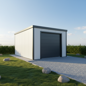 Garaje metálico prefabricado de panel sándwich con puerta seccional, una plaza