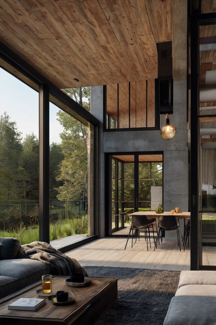 Interior de casa prefabricada con salón tipo loft y acabados modernos