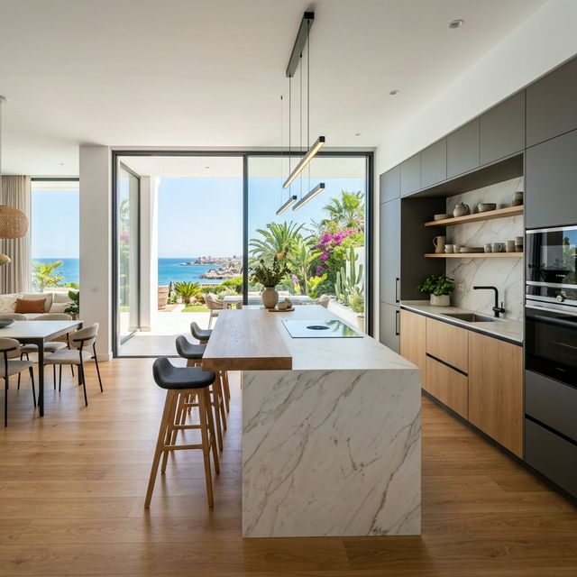 Interior de casa prefabricada en M&aacute;laga con cocina integrada y acabados modernos