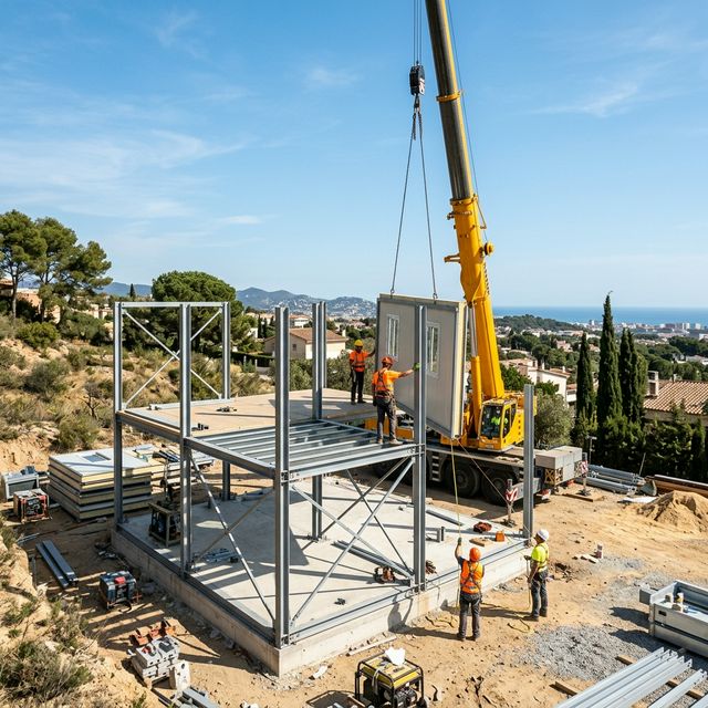 Montaje de casa prefabricada de acero con grúa en parcela de Barcelona