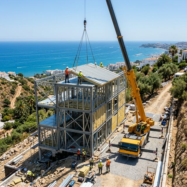 Montaje de casa prefabricada de acero con gr&uacute;a en una parcela de la Costa del Sol de M&aacute;laga