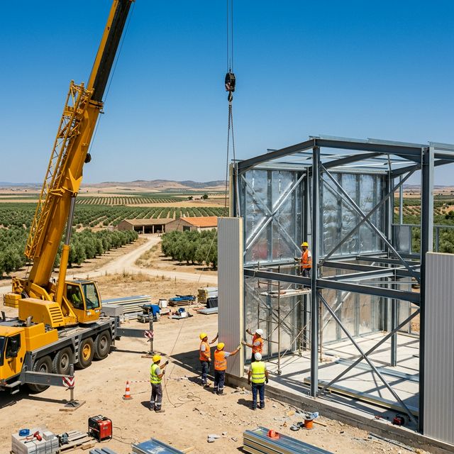 Montaje de casa prefabricada de acero con gr&uacute;a en una parcela de Sevilla