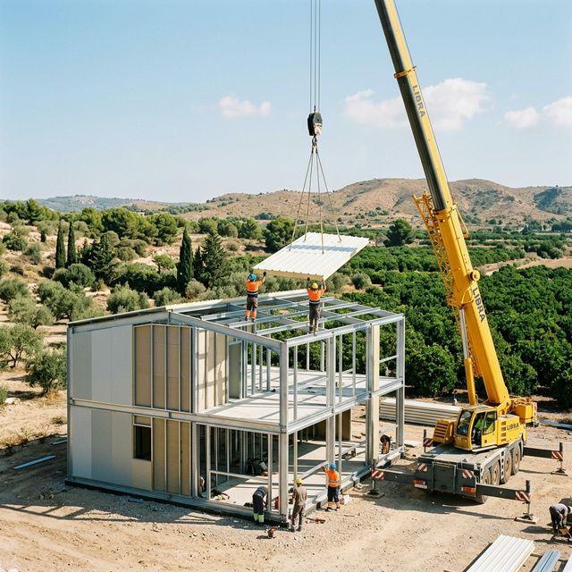 Montaje de casa prefabricada de acero con grúa en una parcela de Valencia