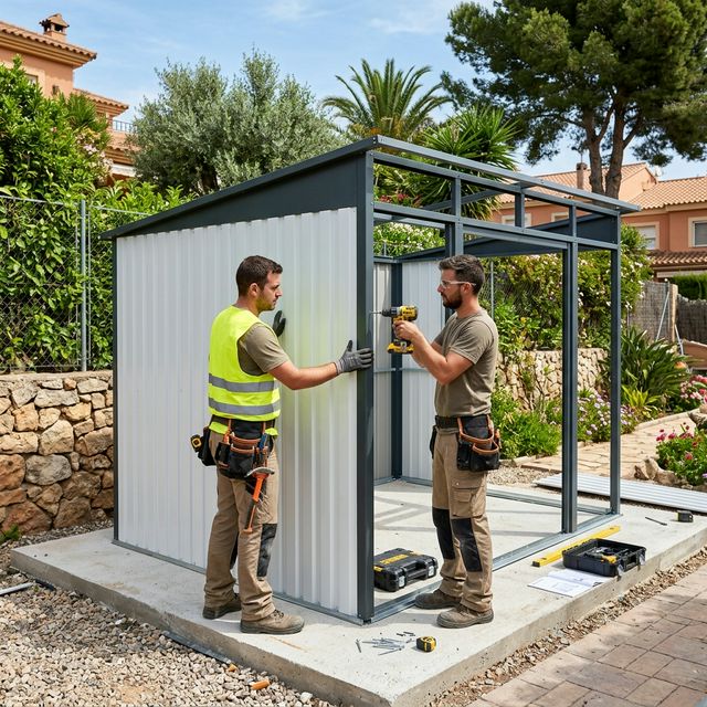 Montaje de caseta met&aacute;lica de acero en jard&iacute;n