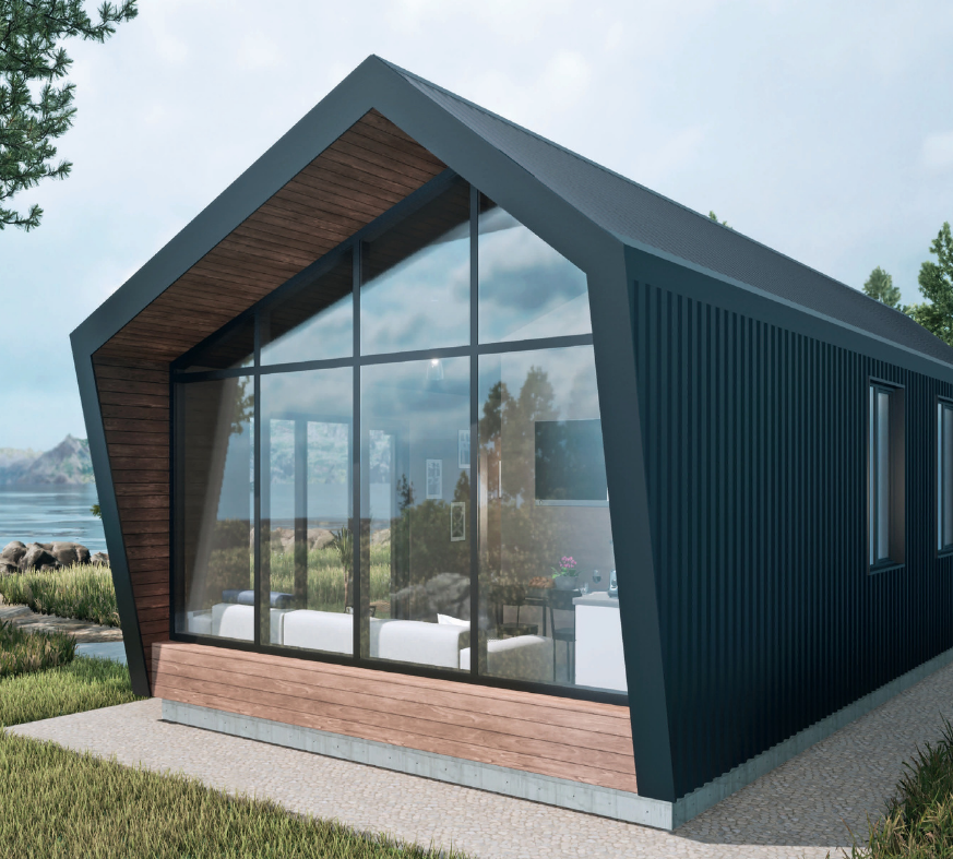 Casa prefabricada de acero Pref-002 — exterior con fachada de vidrio panorámico