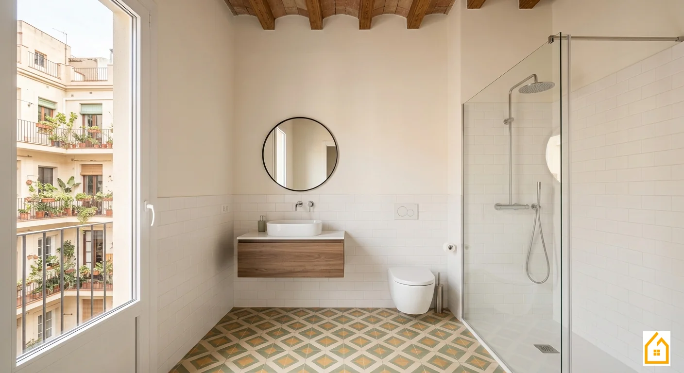 Reforma de baño en piso del Eixample de Barcelona con suelo hidráulico y techos altos
