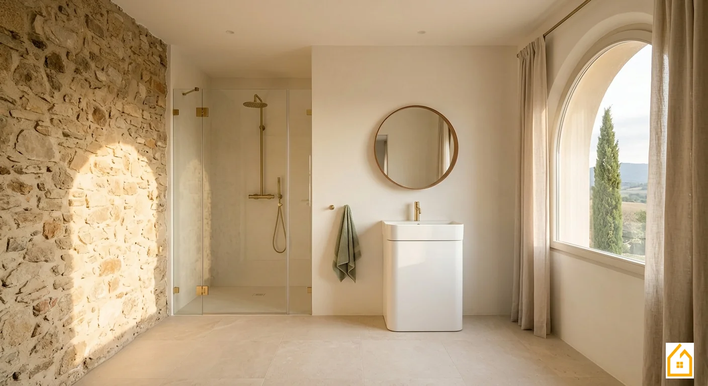Reforma de baño en masía catalana del Empordà con piedra natural y luz mediterránea