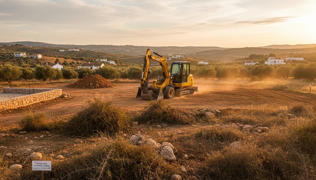 Mini-excavadora preparando terreno en parcela residencial para construcción de vivienda unifamiliar