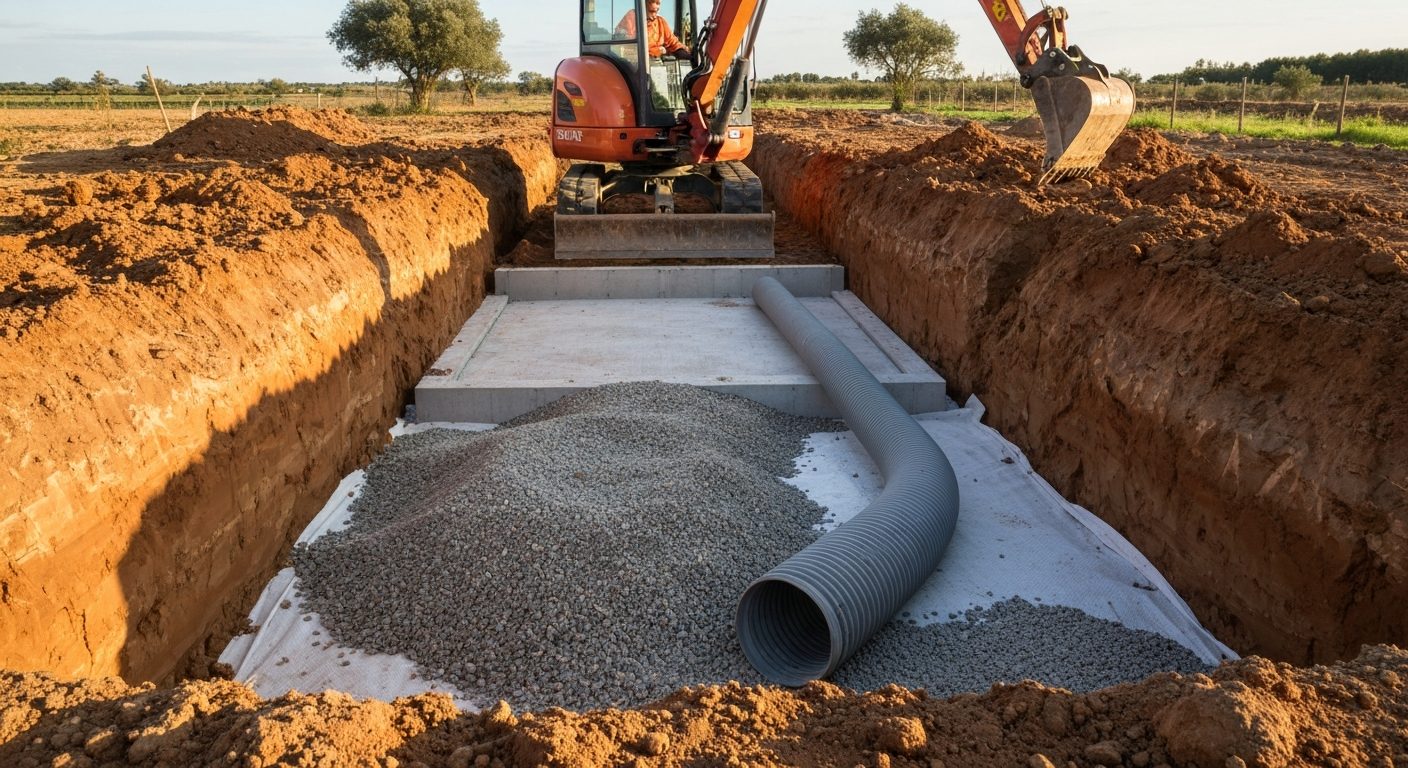 Mini-excavadora abriendo zanja perimetral alrededor de la cimentación de vivienda unifamiliar