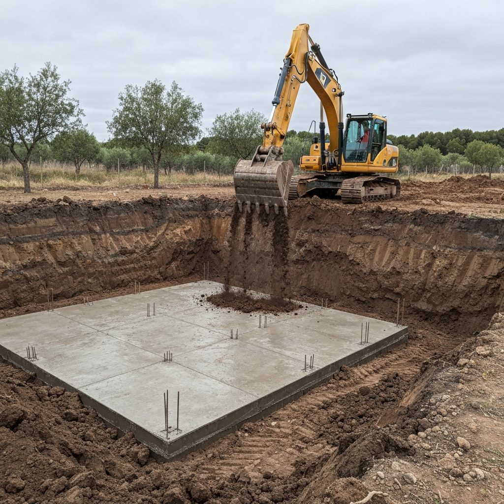 Retroexcavadora excavando vaciado de gran masa para losa de cimentación en parcela residencial