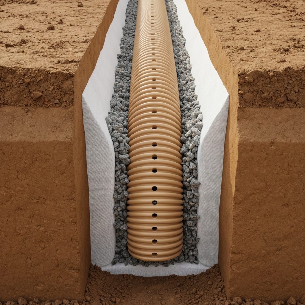 Sección transversal de zanja de drenaje perimetral con tubo corrugado, grava filtrante y geotextil