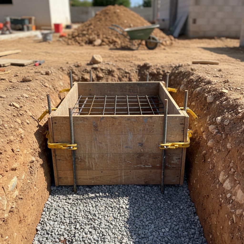 Zanja de cimentación excavada con base compactada de grava y encofrado para hormigón
